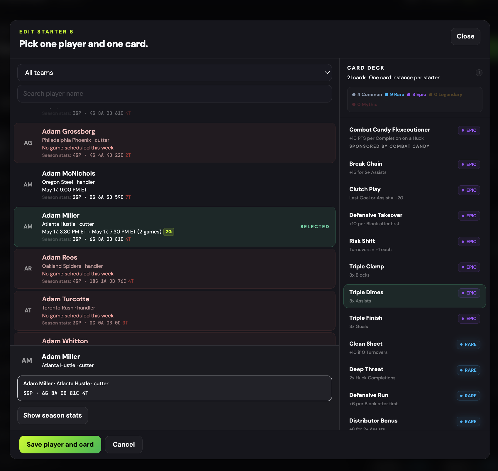 Unbenchable lineup editor showing seven UFA fantasy ultimate frisbee starters with a card assigned to each